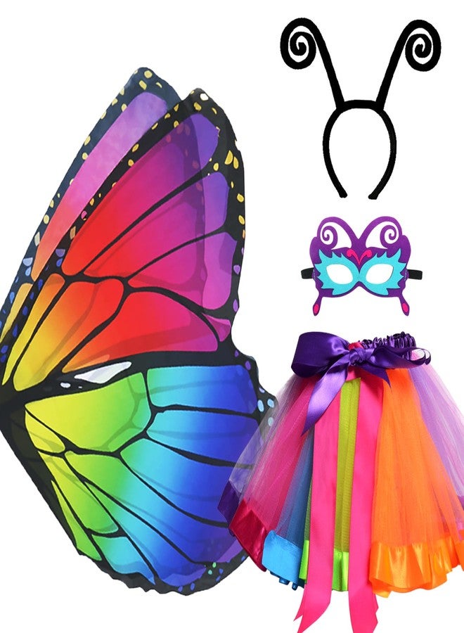 D.Q.Z Fairy Butterfly-Wings Costumes for Girls Dress Up Clothes Rainbow Tutu Mask Headband Role Play Toys for Girl 3-8 Gift (Rainbow) - Image 1